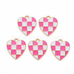 Alloy Enamel Pendants, Cadmium Free & Lead Free, Light Gold, Heart, Checkered Charms, Deep Pink, 17.5x15.5x1.5mm, Hole: 1.8mm(ENAM-S121-176C-RS)