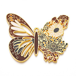 Rack Plating Alloy Enamel Big Pendants, Cadmium Free & Nickel Free & Lead Free, Butterfly with Flower Charms, Golden, Sienna, 55.5x67x2mm, Hole: 2.5mm(ENAM-N056-397B-G)