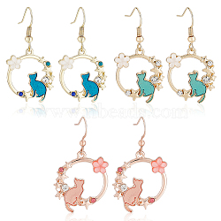 3 Pairs 3 Colors Resin Flower & Enamel Cat & Rhinestone Star Dangle Earrings, Light Gold Alloy Jewelry for Women, Mixed Color, 42mm, Pin: 0.7mm, 1 Pair/color(EJEW-AN0001-88)