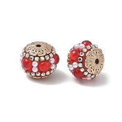 Brass & ABS Imitation Pearl & Resin & Alloy Beads, Round with Flower, Red, 16.5x19mm, Hole: 2mm(RE-CBAE318-02B)