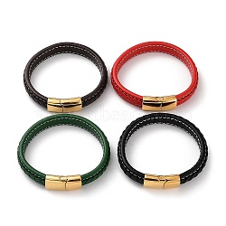 Mixed Color Braided Leather Cord Bracelet, with Ion Plating(IP) 304 Stainless Steel Magnetic Clasps, Golden, 8-1/2 inch(21.5~21.7cm)(BJEW-M302-01G)