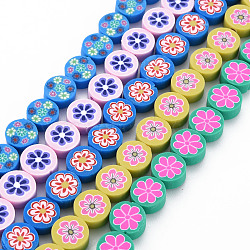 Handmade Polymer Clay Bead Strands, Flat Round with FLower, Mixed Color, 9.5~10x4~5mm, Hole: 1.6mm, about 40pcs/strand, 15.08 inch~15.75 inch(38.3~40cm).(CLAY-N008-039-01)