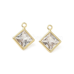Brass Pave Clear Cubic Zirconia Charms, Rhombus Charms, Single Stone Charms, Rack Plating, Long-Lasting Plated, Lead Free & Cadmium Free, Real 18K Gold Plated, 11.5x9x3mm, Hole: 1.2mm(CU-CBAD360-04G-01)