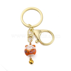 Fortune Cat Porcelain Pendant Keychain, with Iron Keychain Ring and Alloy Lobster Claw Clasps, Dark Orange, 8.5cm(KEYC-G064-03D)