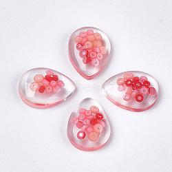 Transparent Resin Cabochons, with Seed Beads Inside, teardrop, Pink, 20x15x6mm(CRES-T014-27B)