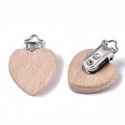 Beech Wood Baby Pacifier Holder Clips, with Iron Clips, Heart, Platinum, BurlyWood, 48x38x18.5mm, Hole: 3.5x6mm(WOOD-T015-01)