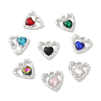 Rack Plating Alloy Pandants, with Glass, Nickel Free, Heart Charms, Platinum, Mixed Color, 19x19x5mm, Hole: 2.3mm