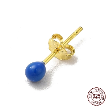Enamel Round Ball Stud Earrings, Golden 925 Sterling Silver Jewelry for Women, Blue, 14.5x3mm, Pin: 0.8mm