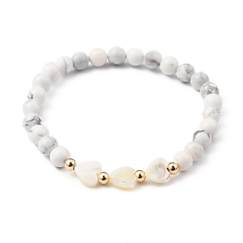 Stretch Beaded Bracelets, with Heart Natural Trochid Shell Beads, Round Natural Howlite Beads and Golden Plated Brass Beads, Inner Diameter: 2-1/8 inch(5.5cm)