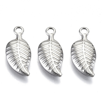 201 Stainless Steel Charms, Laser Cut, Leaf, Stainless Steel Color, 14x6x1mm, Hole: 1.4mm