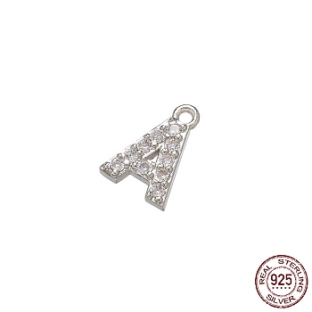 Real Platinum Plated Rhodium Plated 925 Sterling Silver Micro Pave Clear Cubic Zirconia Charms, Initial Letter, Letter A, 8.5x6x1mm, Hole: 0.9mm