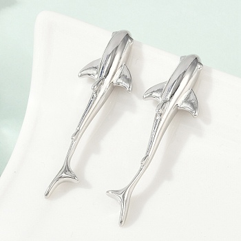 Brass Stud Earrings, Fish, Platinum, 50x15mm