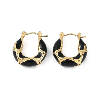 Ion Plating(IP) 304 Stainless Steel Textured Hoop Earrings, with Enamel, Real 18K Gold Plated, Black, 22x20.5x6.5mm