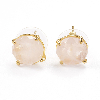Natural Rose Quartz Stud Earrings, with Golden Tone Brass Findings, Faceted Flat Round, 11mm, Pin: 0.8mm