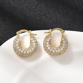 Brass Micro Pave Clear Cubic Zirconia Flat Round Hoop Earrings, Cadmium Free & Lead Free, Rack Plating, Long-Lasting Plated, Real 18K Gold Plated, 19.5x17x6.5mm