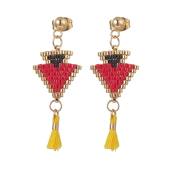 Glass Seed Braided Triangle with Cotton Tassel Dangle Stud Earrings, Golden 304 Stainless Steel Jewelry for Women, Red, 41mm, Pin: 0.8mm