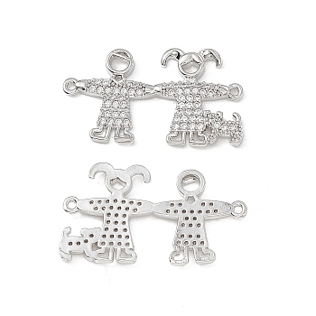 Brass Micro Pave Clear Cubic Zirconia Connector Charms, Girl and Boy Links, Platinum, 29x16x2mm, Hole: 1mm