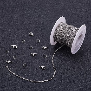 DIY Necklaces Making, with 304 Stainless Steel Curb Chains Necklaces Making, with Jump Rings abd Lobster Claw Clasps, Stainless Steel Color, 2.7x2x0.5mm
