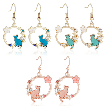 3 Pairs 3 Colors Resin Flower & Enamel Cat & Rhinestone Star Dangle Earrings, Light Gold Alloy Jewelry for Women, Mixed Color, 42mm, Pin: 0.7mm, 1 Pair/color