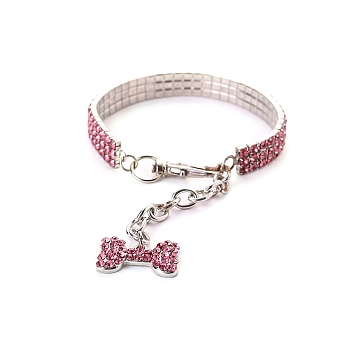 Adjustable 3-Row Alloy Rhinestone Cup Chain Pet Collars, Dog Bone Pendant Cat Dog Choker Necklace, Rose, 250mm