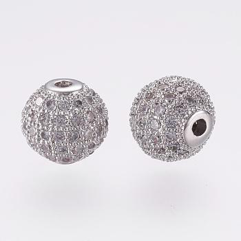 Long-Lasting Plated Brass Micro Pave Cubic Zirconia Beads, Round, Real Platinum Plated, 10mm, Hole: 1.5mm
