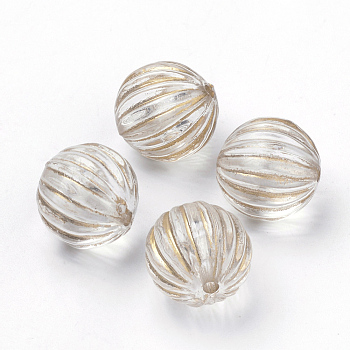 Plating Transparent Acrylic Beads, Golden Metal Enlaced, Corrugated Round, Clear, 12mm, Hole: 1.5mm