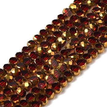 Electroplate Glass Beads Strands, Transparent Color, Half Golden Plated, Faceted, Flat Round, Red, 4~4.5x3mm, Hole: 1mm, about 74~75pcs/strand, 10.39''~10.75''(26.4~27.3cm)