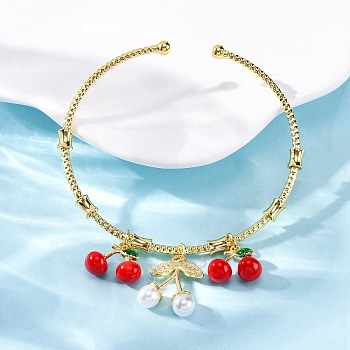 Brass Micro Pave Clear Cubic Zirconia Cuff Bracelets, ABS Imitation Pearl Beads and Enamel Cherry Charms Jewelry for Women, Rack Plating, Cadmium Free & Lead Free, Long-Lasting Plated, Real 18K Gold Plated, 16.77 inch(42.6cm)