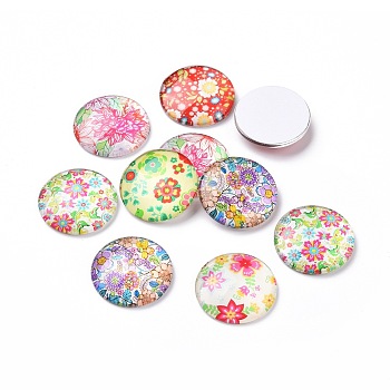Half Round/Dome Floral Printed Glass Cabochons, Mixed Color, 25x7mm