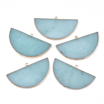 Electroplate Natural White Jade Semi Circle Pendants, with Iron Findings, Dyed, Half Round, Golden, 34~35x60.5x4~5.5mm, Hole: 1.8mm