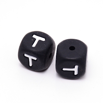 Silicone Beads, Cube with Letter.T, Black, 12x12x12mm, Hole: 2mm
