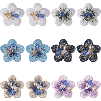12Pcs 6 Colors 3D Flower Glass Beaded Appliques, Polyester Embroidery Lace Ornament Accessories, Mixed Color, 35x35.5x10.5mm, 2pcs/color
