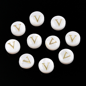 Natural Freshwater Shell Beads, with Golden Plated Brass Etched Metal Embellishments, Flat Round with Letter, Letter V, 7.5~8x4~5mm, Hole: 0.8mm