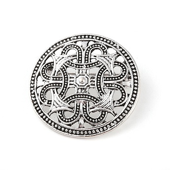 Tibetan Style Alloy Brooches, Flat Round with Knot, Antique Silver, 34x34x5mm
