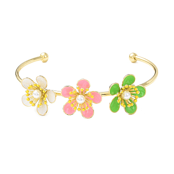 Alloy Flower with Imitation Pearl Beaded Open Cuff Bangle for Women, Colorful, Inner Diameter: 1-7/8x2-3/8 inch(4.8cm)