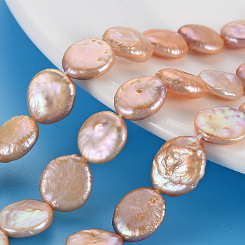 Natural Keshi Pearl Beads Strands, Cultured Freshwater Pearl, Flat Round, PeachPuff, 11~14x11~12x4~5mm, Hole: 0.6mm, about 31~34pcs/strand, 14.57~15.35 inch(37~39cm)