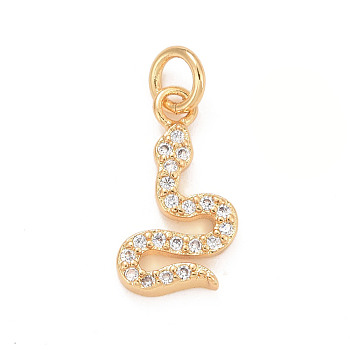 Eco-Friendly Brass Micro Pave Cubic Zirconia Pendants, with Jump Ring, Long-Lasting Plated, Lead Free & Cadmium Free, Snake, Real 24K Gold Plated, 14x8x2mm, Hole: 2.9mm