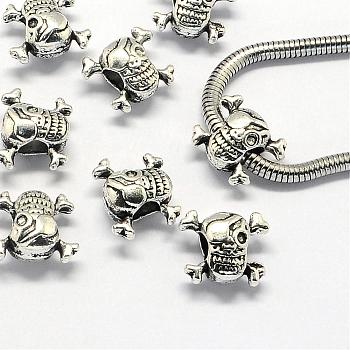 Alloy European Beads, Large Hole Beads, Skull, Antique Silver, 12x14.5x7.5mm, Hole: 4.5mm
