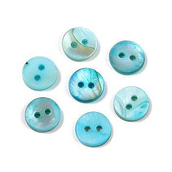 Freshwater Shell Buttons, 2-Hole, Flat Round, Light Sky Blue, 10x1.5~2mm, Hole: 1.7mm