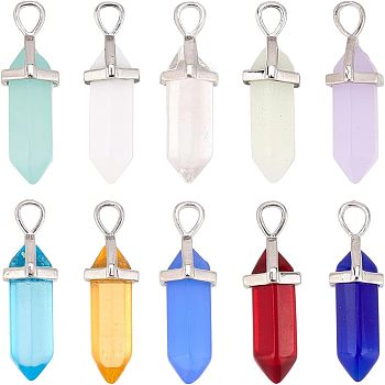 10Pcs 10 Colors Bullet Glass Pointed Pendants, with Platinum Tone Brass Findings, Mixed Color, 28~29.5x9~9.5x8mm, Hole: 4.5x3mm, 1pc/color