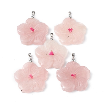 Natural Rose Quartz Big Pendants, Peach Blossom Charms, with Platinum Plated Alloy Snap on Bails, 57x48x9mm, Hole: 6x4mm