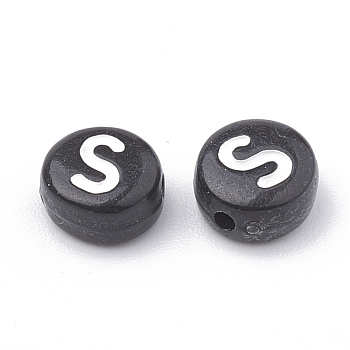 Opaque Acrylic Beads, Horizontal Hole, Alphabet Style, Flat Round, Letter.S, 7x4mm, Hole: 1.5mm, about 370pcs/50g
