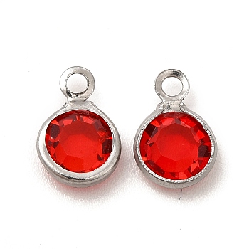 304 Stainless Steel with Glass Charms, Stainless Steel Color, Faceted Flat Round, Red, 9.5x6.5x2mm, Hole: 1.5mm