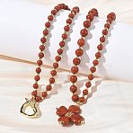 Saint Patrick's Day Natural Red Jasper Clover Pendant Round Beaded Necklaces with Brall Heart OT Clasps, Golden, 30.51~31.69 inch(77.5~80.5cm)(NJEW-G202-02G-04)