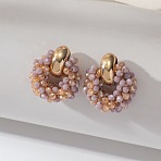 Iron & Glass Bead Ring Stud Earrings, with Copper Wire, Golden, Thistle, 25x20mm(FS-WG96D15-04)