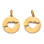 304 Stainless Steel Charms, with Jump Ring, Flat Round Charm, Laser Cut, Golden, Heart, 13.5x11.5x1mm, Hole: 3.4mm(STAS-D050-07G-01)