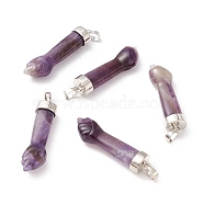Natural Amethyst Pendants, with Platinum Tone Brass Findings, Figa Hand Shapes, 43~48x12x8.6mm, Hole: 8x4.6mm(G-K322-01C)