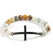 Natural Flower Amazonite Beaded Stretch Bracelets for Women Men, Cross, Inner Diameter: 7-1/4 inch(18.5cm)(MG9269-7)