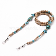 Eyeglasses Chains, Neck Strap for Eyeglasses, with Synthetic Turquoise Beads, Natural Wood Beads, 304 Stainless Steel Lobster Claw Clasps and Rubber Loop Ends, BurlyWood, 27.75 inch(70.5cm)(AJEW-EH00281)