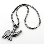 Trendy Men's Non-Magnetic Synthetic Hematite Beaded Necklaces, Magnetic Elephant Pendant Necklaces, with Brass Magnetic Clasps, Black, 17.5 inch(NJEW-M002-21)